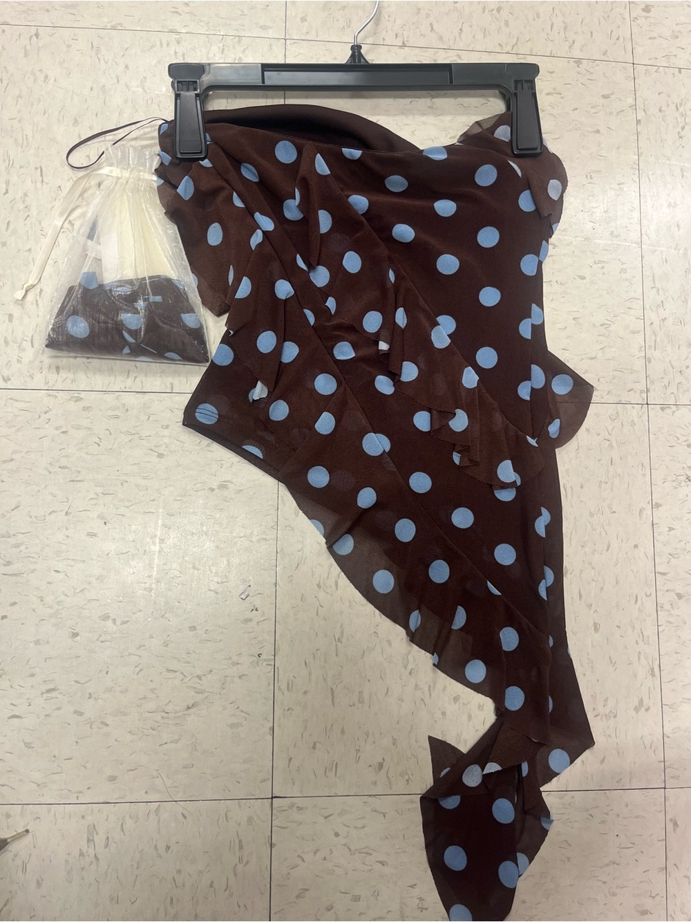 assymstrical brown and blue polka dot ruffle bandeu top and matching head scarf
